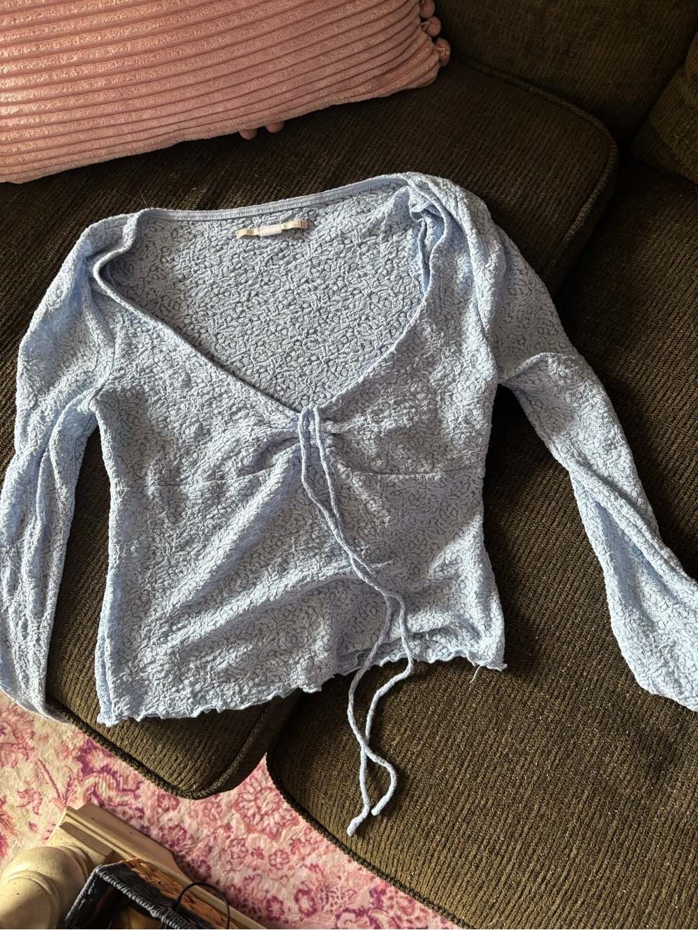 Kimchi Blue Baby Blue Lace Tie Front Top
Size Medium